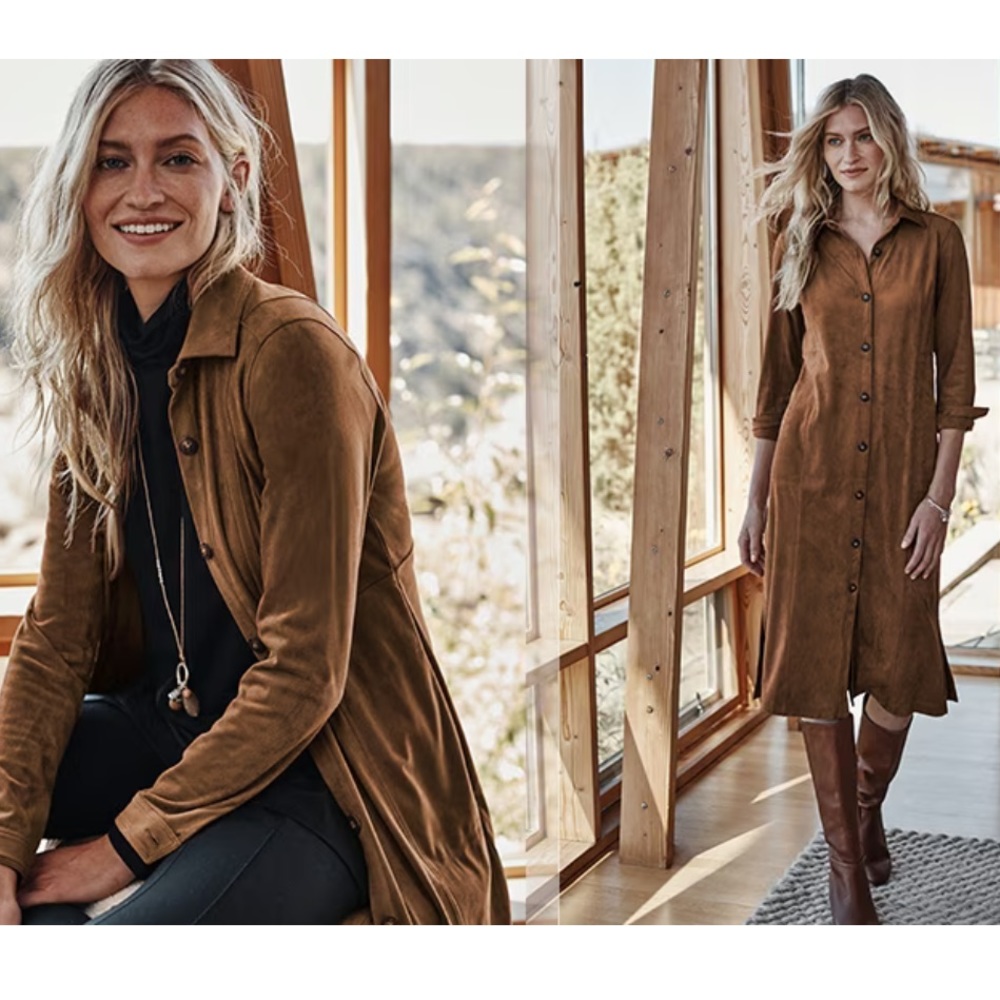 J. Jill Faux Suede Camel Brown Button Down Long Sleeve Shirt Dress L